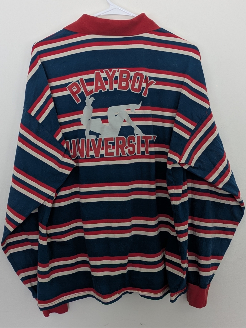 Playboy University Striped Long Sleeve Polo Blue Read Rugby Shirt Medium